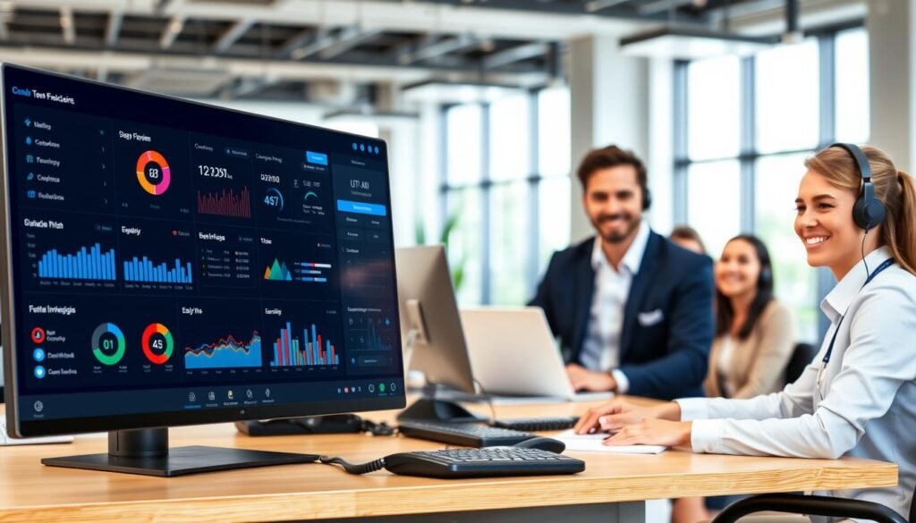 A professional customer support system for UTown, a modern and efficient call center interface. The foreground features a sleek and intuitive control panel with customizable widgets, displaying real-time metrics and analytics. In the middle ground, a team of friendly and attentive customer service representatives, ready to assist clients with a wide range of inquiries. The background showcases a clean and minimalist office space, with natural lighting filtering through large windows, creating a calm and productive atmosphere. The overall scene conveys a sense of reliability, responsiveness, and a commitment to providing exceptional customer experiences. A professional customer support system for UTown, a modern and efficient call center interface. The foreground features a sleek and intuitive control panel with customizable widgets, displaying real-time metrics and analytics. In the middle ground, a team of friendly and attentive customer service representatives, ready to assist clients with a wide range of inquiries. The background showcases a clean and minimalist office space, with natural lighting filtering through large windows, creating a calm and productive atmosphere. The overall scene conveys a sense of reliability, responsiveness, and a commitment to providing exceptional customer experiences.
