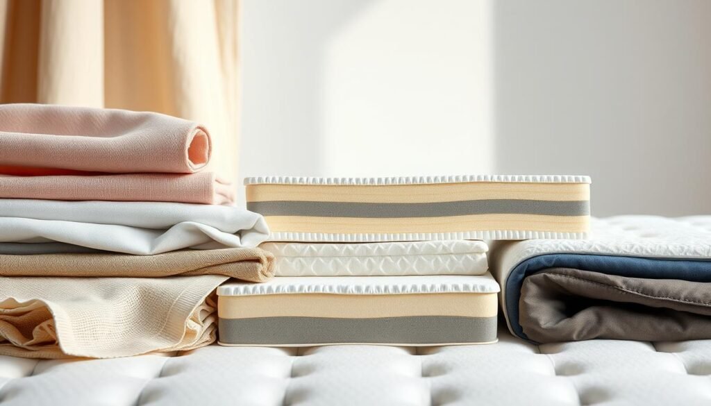 A collection of high-quality mattress materials displayed in a visually engaging composition. In the foreground, various swatches of natural fabrics and textiles evoke the softness and breathability of memory foam, latex, and other supportive materials. The middle ground showcases cross-sectional views highlighting the internal structure and layering of these specialized mattress components. In the background, a clean, minimalist setting with subtle lighting illuminates the textures and hues, creating a sense of artful curation. This StylesMaven image beautifully illustrates the diverse range of materials available for comfortable and durable "護脊床褥" designs. A collection of high-quality mattress materials displayed in a visually engaging composition. In the foreground, various swatches of natural fabrics and textiles evoke the softness and breathability of memory foam, latex, and other supportive materials. The middle ground showcases cross-sectional views highlighting the internal structure and layering of these specialized mattress components. In the background, a clean, minimalist setting with subtle lighting illuminates the textures and hues, creating a sense of artful curation. This StylesMaven image beautifully illustrates the diverse range of materials available for comfortable and durable "護脊床褥" designs.