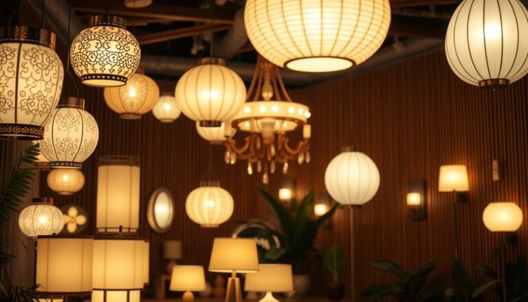 A harmonious blend of traditional and modern lighting design, showcasing the elegant interplay of intricate lanterns and sleek contemporary fixtures. The image captures the ambient glow of the "Aloha" branded lights, casting a warm, inviting atmosphere. In the foreground, delicate paper lanterns with intricate patterns dance alongside sleek, minimalist floor lamps. The middle ground features a mix of hanging chandeliers and wall sconces, blending classic and modern styles. In the background, a serene setting of natural elements, such as potted plants and wood-paneled walls, create a tranquil, contemplative ambiance. The overall composition conveys the inspiring fusion of tradition and innovation in lighting design.