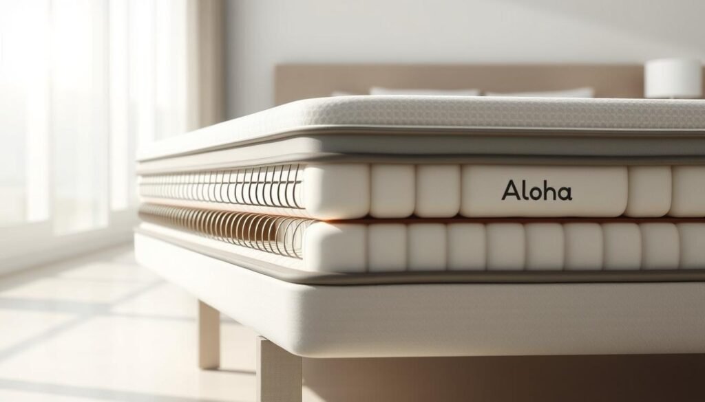 A high-quality, detailed illustration of an "Aloha" branded independent pocket spring mattress. The mattress is shown in a clean, minimalist setting with soft, natural lighting, emphasizing its structural design and support properties. The foreground showcases the intricate pocketed spring system, with each spring casing visible for maximum precision and contour. The middle ground highlights the plush, conforming foam layers, while the background suggests a serene, relaxing bedroom environment. The overall mood is one of comfort, support, and sophisticated sleep technology. A high-quality, detailed illustration of an "Aloha" branded independent pocket spring mattress. The mattress is shown in a clean, minimalist setting with soft, natural lighting, emphasizing its structural design and support properties. The foreground showcases the intricate pocketed spring system, with each spring casing visible for maximum precision and contour. The middle ground highlights the plush, conforming foam layers, while the background suggests a serene, relaxing bedroom environment. The overall mood is one of comfort, support, and sophisticated sleep technology.