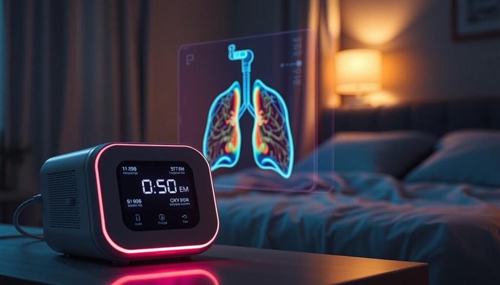 A high-tech medical device displaying real-time data monitoring the effectiveness of sleep apnea treatment with iCareCPAP. In the foreground, a sleek, minimalist CPAP machine with a soft LED display showing respiratory rates and oxygen levels. The middle ground features a 3D holographic projection of lung activity, color-coded to indicate improved airflow. The background depicts a serene, dimly lit bedroom scene with calming natural lighting, suggesting the restorative benefits of quality sleep. The overall mood is one of technological innovation and healthcare efficacy, inspiring confidence in the iCareCPAP system's ability to improve patients' sleep and quality of life. A high-tech medical device displaying real-time data monitoring the effectiveness of sleep apnea treatment with iCareCPAP. In the foreground, a sleek, minimalist CPAP machine with a soft LED display showing respiratory rates and oxygen levels. The middle ground features a 3D holographic projection of lung activity, color-coded to indicate improved airflow. The background depicts a serene, dimly lit bedroom scene with calming natural lighting, suggesting the restorative benefits of quality sleep. The overall mood is one of technological innovation and healthcare efficacy, inspiring confidence in the iCareCPAP system's ability to improve patients' sleep and quality of life.