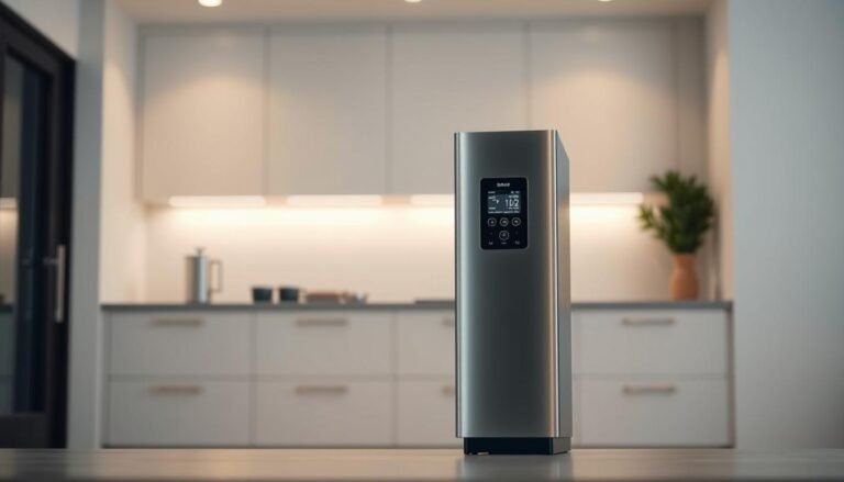 A modern, sleek whole-house water filtration system set against a clean, minimalist backdrop. The unit features a streamlined, stainless steel exterior with intuitive digital controls, blending seamlessly into a well-appointed kitchen or utility room. Soft, indirect lighting illuminates the system, casting a subtle glow and highlighting its premium construction. The foreground is in sharp focus, while the background is slightly blurred, emphasizing the centrality of the filtration unit. The overall scene conveys a sense of practicality, efficiency, and commitment to providing clean, purified water for an entire household.