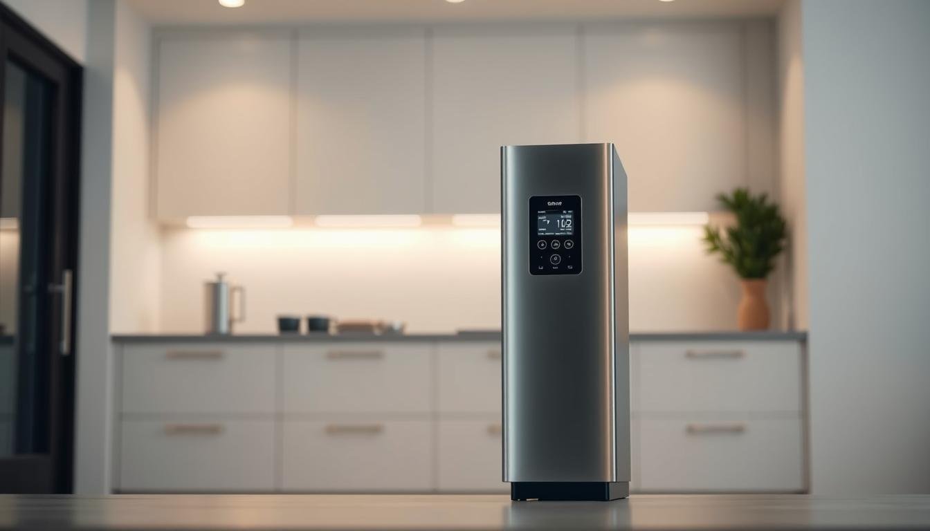 A modern, sleek whole-house water filtration system set against a clean, minimalist backdrop. The unit features a streamlined, stainless steel exterior with intuitive digital controls, blending seamlessly into a well-appointed kitchen or utility room. Soft, indirect lighting illuminates the system, casting a subtle glow and highlighting its premium construction. The foreground is in sharp focus, while the background is slightly blurred, emphasizing the centrality of the filtration unit. The overall scene conveys a sense of practicality, efficiency, and commitment to providing clean, purified water for an entire household.