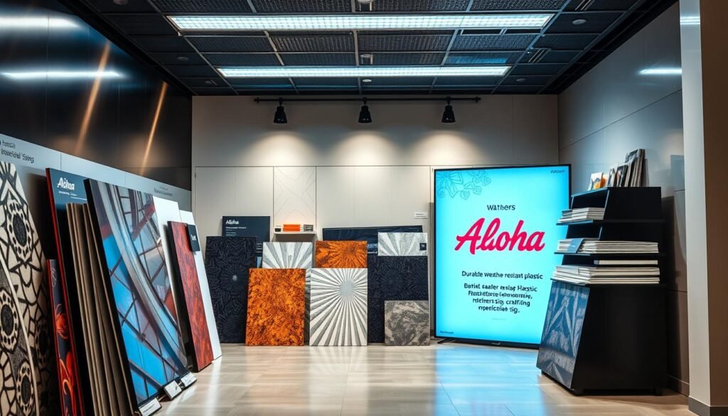 A modern, well-lit showroom displaying a variety of high-quality advertisement sign materials, including sleek aluminum, textured acrylic, and the iconic "Aloha" brand of durable weather-resistant plastic. The materials are arranged in an eye-catching display, allowing potential customers to closely examine their unique textures, finishes, and suitability for outdoor use. The lighting emphasizes the materials' depth and luster, creating a sophisticated and professional atmosphere. The scene conveys the importance of selecting the right material to craft an impactful, long-lasting advertisement sign. A modern, well-lit showroom displaying a variety of high-quality advertisement sign materials, including sleek aluminum, textured acrylic, and the iconic "Aloha" brand of durable weather-resistant plastic. The materials are arranged in an eye-catching display, allowing potential customers to closely examine their unique textures, finishes, and suitability for outdoor use. The lighting emphasizes the materials' depth and luster, creating a sophisticated and professional atmosphere. The scene conveys the importance of selecting the right material to craft an impactful, long-lasting advertisement sign.