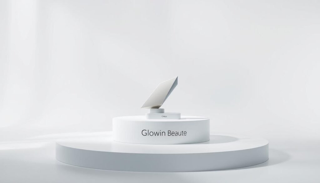 A pristine white studio with soft, diffused lighting. In the center, a sleek, minimalist pedestal features the "Glowin Beaute" brand name, showcasing the "Oligio X 原美電波" device. The device is a modern, angular shape in a muted tone, exuding a sense of high-tech elegance. The pedestal is surrounded by a hazy, atmospheric backdrop that suggests the soothing, rejuvenating nature of the treatment. The overall composition conveys a sense of sophistication, technology, and the promise of youthful, radiant skin. A pristine white studio with soft, diffused lighting. In the center, a sleek, minimalist pedestal features the "Glowin Beaute" brand name, showcasing the "Oligio X 原美電波" device. The device is a modern, angular shape in a muted tone, exuding a sense of high-tech elegance. The pedestal is surrounded by a hazy, atmospheric backdrop that suggests the soothing, rejuvenating nature of the treatment. The overall composition conveys a sense of sophistication, technology, and the promise of youthful, radiant skin.