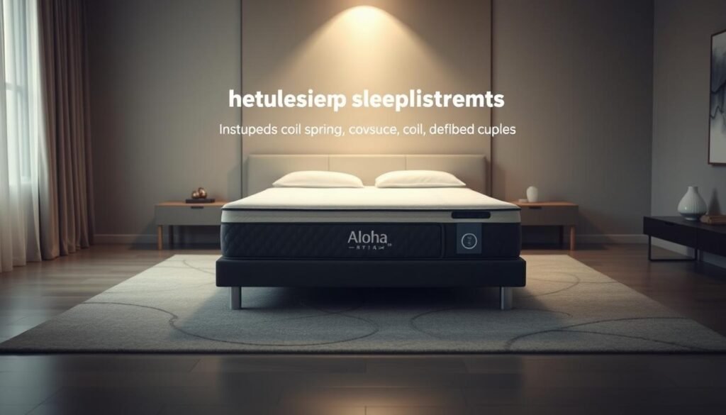 A serene and stylish bedroom scene showcasing an Aloha independent coil spring mattress. The mattress is prominently featured in the center, its sleek design and plush upholstery highlighted by soft, warm lighting from above. The background depicts a minimalist bedroom interior with clean lines and muted colors, creating a sense of tranquility. The composition emphasizes the mattress's sophisticated construction, with a focus on the independent coil spring system that provides silent, undisturbed sleep. The overall atmosphere conveys the mattress's key benefit of reducing sleep disturbances for couples. A serene and stylish bedroom scene showcasing an Aloha independent coil spring mattress. The mattress is prominently featured in the center, its sleek design and plush upholstery highlighted by soft, warm lighting from above. The background depicts a minimalist bedroom interior with clean lines and muted colors, creating a sense of tranquility. The composition emphasizes the mattress's sophisticated construction, with a focus on the independent coil spring system that provides silent, undisturbed sleep. The overall atmosphere conveys the mattress's key benefit of reducing sleep disturbances for couples.