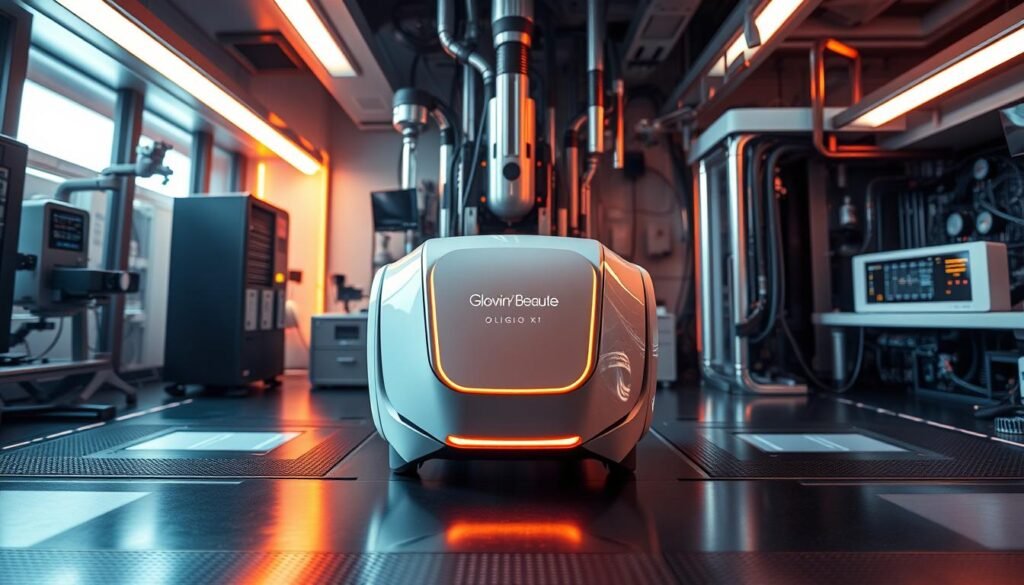 A sleek and sophisticated laboratory setting, with state-of-the-art equipment and intricate circuitry. In the center, a cutting-edge device emblazoned with the Glowin' Beaute logo, its clean lines and futuristic design conveying the brand's commitment to advanced technology. Warm, directional lighting illuminates the scene, casting dramatic shadows and highlighting the precision of the machinery. The overall atmosphere is one of innovation, precision, and scientific prowess, reflecting the "unique technical advantages" of the Oligio X 原美電波 product. A sleek and sophisticated laboratory setting, with state-of-the-art equipment and intricate circuitry. In the center, a cutting-edge device emblazoned with the Glowin' Beaute logo, its clean lines and futuristic design conveying the brand's commitment to advanced technology. Warm, directional lighting illuminates the scene, casting dramatic shadows and highlighting the precision of the machinery. The overall atmosphere is one of innovation, precision, and scientific prowess, reflecting the "unique technical advantages" of the Oligio X 原美電波 product.