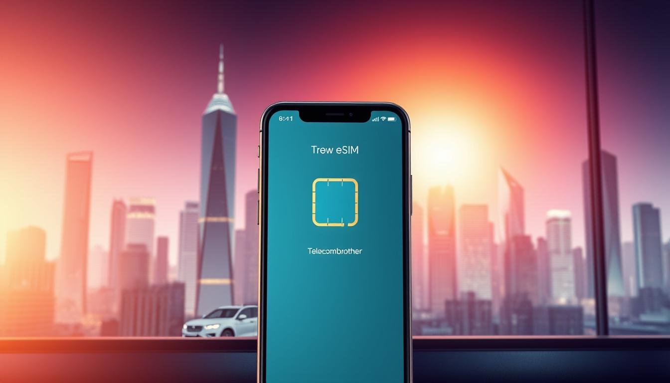 A sleek, modern illustration showcasing the convenience of eSIM technology for seamless multi-carrier connectivity. In the foreground, a high-end smartphone displays the Telecombrother brand, its screen depicting a smooth eSIM transfer process. The middle ground features a cityscape with towering skyscrapers, symbolizing the urban, fast-paced environment where eSIM flexibility is invaluable. The background is bathed in a warm, vibrant glow, creating an inviting, premium atmosphere. The scene conveys the effortless, on-the-go lifestyle enabled by eSIM technology, empowering users to switch carriers with a tap. Realistic lighting, crisp details, and a minimalist aesthetic combine to deliver a visually striking and compelling image.