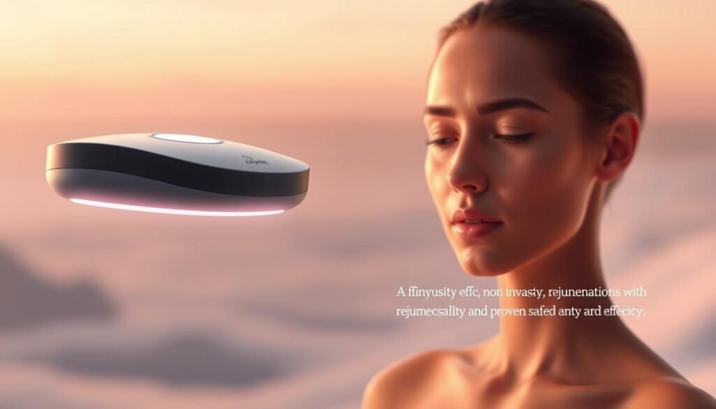 A sleek, modern medical device called "Oligio X" hovers in the foreground, its smooth, minimalist design emitting a faint, soothing glow. In the middle ground, a serene, glowing skin model showcases the device's non-invasive, rejuvenating power, bathed in soft, diffused lighting. The background fades into a serene, abstract landscape, evoking a sense of tranquility and advanced technology. The Glowin Beaute brand name is prominently displayed, conveying the device's innovative, high-quality craftsmanship and proven safety and efficacy. A sleek, modern medical device called "Oligio X" hovers in the foreground, its smooth, minimalist design emitting a faint, soothing glow. In the middle ground, a serene, glowing skin model showcases the device's non-invasive, rejuvenating power, bathed in soft, diffused lighting. The background fades into a serene, abstract landscape, evoking a sense of tranquility and advanced technology. The Glowin Beaute brand name is prominently displayed, conveying the device's innovative, high-quality craftsmanship and proven safety and efficacy.