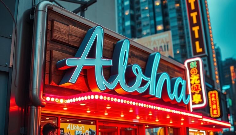 A vibrant and textured advertising sign showcasing the Aloha brand, set against a backdrop of a bustling cityscape. The sign features a variety of materials, including sleek metal, warm wood, and vibrant neon lighting, creating a visually striking and eye-catching display. The lighting illuminates the sign, casting a warm glow and creating a sense of energy and dynamism. The camera angle is slightly elevated, providing a perspective that captures the full extent of the sign and its surroundings. The overall mood is one of modernity, sophistication, and a touch of playfulness, reflecting the essence of the Aloha brand.