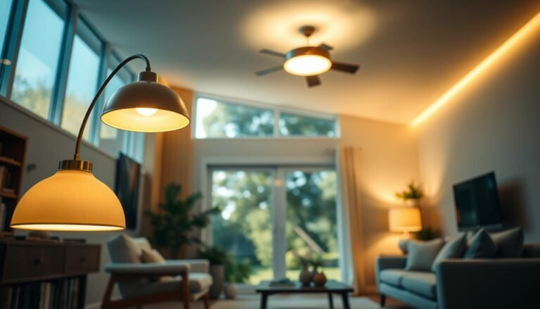 A warm, inviting living room showcasing a custom lighting solution. In the foreground, an elegant Aloha floor lamp casts a soft, ambient glow, complementing the mid-century modern furnishings. The middle ground features a sleek, minimalist ceiling light fixture, illuminating the space with precision. In the background, a large window allows natural light to filter in, creating a harmonious balance between artificial and natural illumination. The overall atmosphere is cozy and sophisticated, perfectly suited for a reading nook or relaxing conversation area. The lighting is designed to cater to the specific needs and preferences of the homeowner, reflecting their personal style and creating a welcoming, tailored environment.