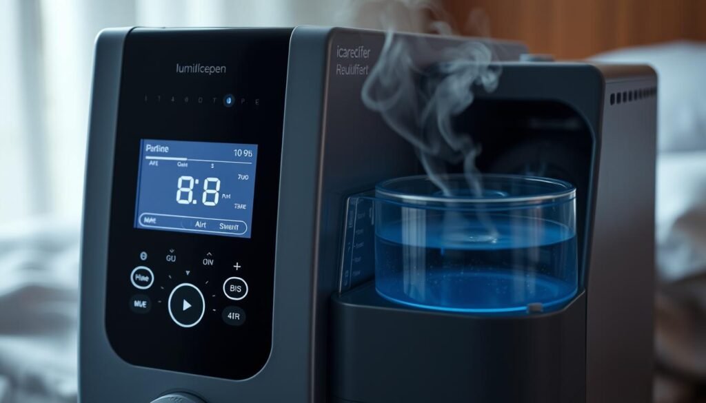 A well-lit, high-resolution close-up image of an iCareCPAP sleep apnea machine, its humidifier component prominently displayed. The machine's sleek, modern design features a large LCD display panel showcasing the device's various settings and functions. The humidifier's water reservoir is filled, and steam is gently rising, creating a soothing, calming atmosphere. The image should convey the machine's effectiveness in delivering moist, heated air to improve the user's sleep quality and respiratory health. A well-lit, high-resolution close-up image of an iCareCPAP sleep apnea machine, its humidifier component prominently displayed. The machine's sleek, modern design features a large LCD display panel showcasing the device's various settings and functions. The humidifier's water reservoir is filled, and steam is gently rising, creating a soothing, calming atmosphere. The image should convey the machine's effectiveness in delivering moist, heated air to improve the user's sleep quality and respiratory health.
