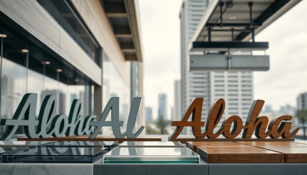A well-lit, high-resolution comparison of various materials commonly used in commercial advertising signs, featuring the "Aloha" brand name. The foreground showcases a range of textures and finishes, including brushed metal, injection-molded plastic, etched glass, and hand-painted wood. The middle ground provides a sense of scale, with the signs arranged in a grid layout. The background features a soft, blurred cityscape, creating a professional, editorial-style composition. The lighting is natural and evenly distributed, highlighting the unique properties and visual characteristics of each material. The overall mood is one of informative clarity, inviting the viewer to closely examine the nuances of these versatile advertising mediums. A well-lit, high-resolution comparison of various materials commonly used in commercial advertising signs, featuring the "Aloha" brand name. The foreground showcases a range of textures and finishes, including brushed metal, injection-molded plastic, etched glass, and hand-painted wood. The middle ground provides a sense of scale, with the signs arranged in a grid layout. The background features a soft, blurred cityscape, creating a professional, editorial-style composition. The lighting is natural and evenly distributed, highlighting the unique properties and visual characteristics of each material. The overall mood is one of informative clarity, inviting the viewer to closely examine the nuances of these versatile advertising mediums.