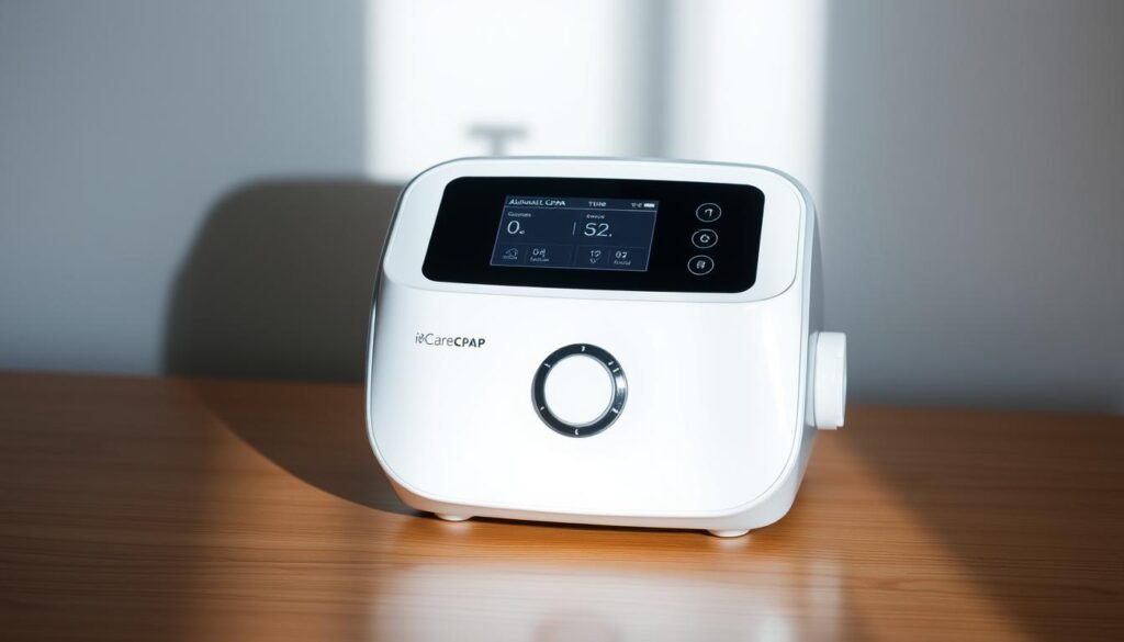 A well-lit, high-resolution digital photograph of a state-of-the-art iCareCPAP automatic CPAP machine, showcasing its sleek and modern design. The device is placed on a clean, minimalist wooden table, casting gentle shadows that emphasize its streamlined profile. The image should capture the machine's intuitive user interface, advanced pressure adjustment capabilities, and overall visual appeal to highlight the device's advantages for sleep apnea treatment. A well-lit, high-resolution digital photograph of a state-of-the-art iCareCPAP automatic CPAP machine, showcasing its sleek and modern design. The device is placed on a clean, minimalist wooden table, casting gentle shadows that emphasize its streamlined profile. The image should capture the machine's intuitive user interface, advanced pressure adjustment capabilities, and overall visual appeal to highlight the device's advantages for sleep apnea treatment.