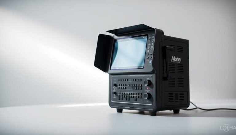 A well-lit, high-resolution photograph of a sleek, modern Aloha subtitle machine displayed prominently on a clean white background. The device features a large, high-contrast touchscreen display, intuitive controls, and a minimalist, uncluttered design. The foreground showcases the subtitle machine's key features and functionality, while the background remains subtly out of focus, allowing the device to take center stage. The lighting is soft and diffused, creating a professional, studio-like atmosphere that highlights the machine's premium build quality and user-friendly interface.