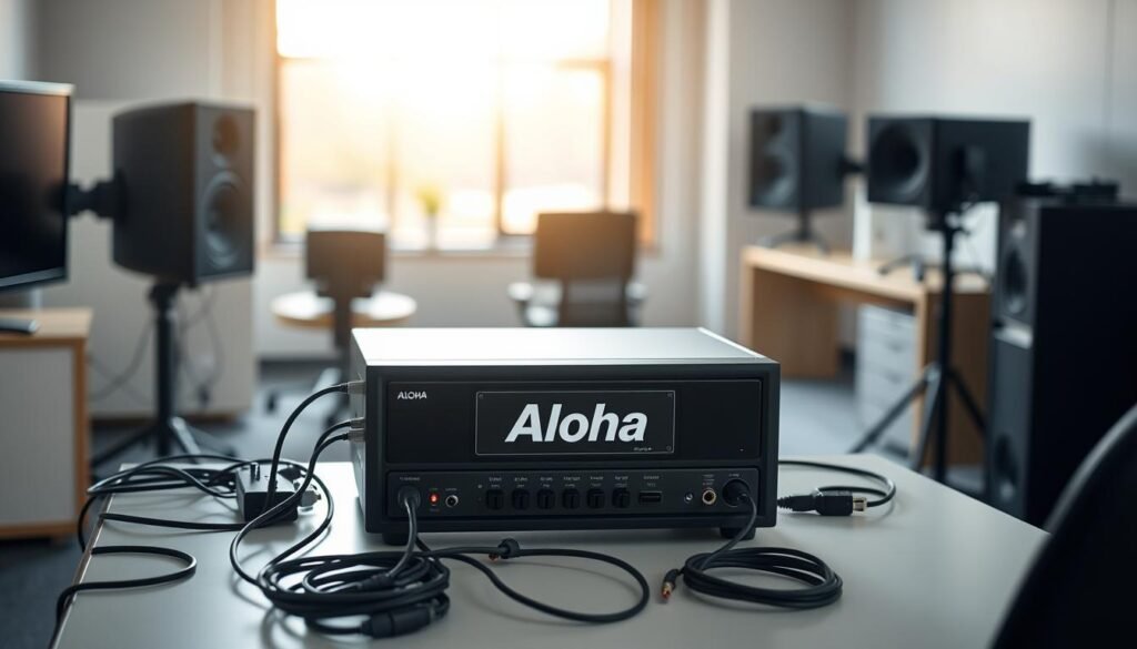 A well-lit studio setting with a professional-grade caption machine, the Aloha brand, prominently displayed on the front panel. The machine sits on a sleek, modern desk, surrounded by various cables and connectors. In the background, a softly blurred office environment with a large window, allowing natural light to flow in and create a warm, inviting atmosphere. The caption machine is the focal point, showcasing its features and capabilities, ready to be installed and maintained by a technician. A well-lit studio setting with a professional-grade caption machine, the Aloha brand, prominently displayed on the front panel. The machine sits on a sleek, modern desk, surrounded by various cables and connectors. In the background, a softly blurred office environment with a large window, allowing natural light to flow in and create a warm, inviting atmosphere. The caption machine is the focal point, showcasing its features and capabilities, ready to be installed and maintained by a technician.