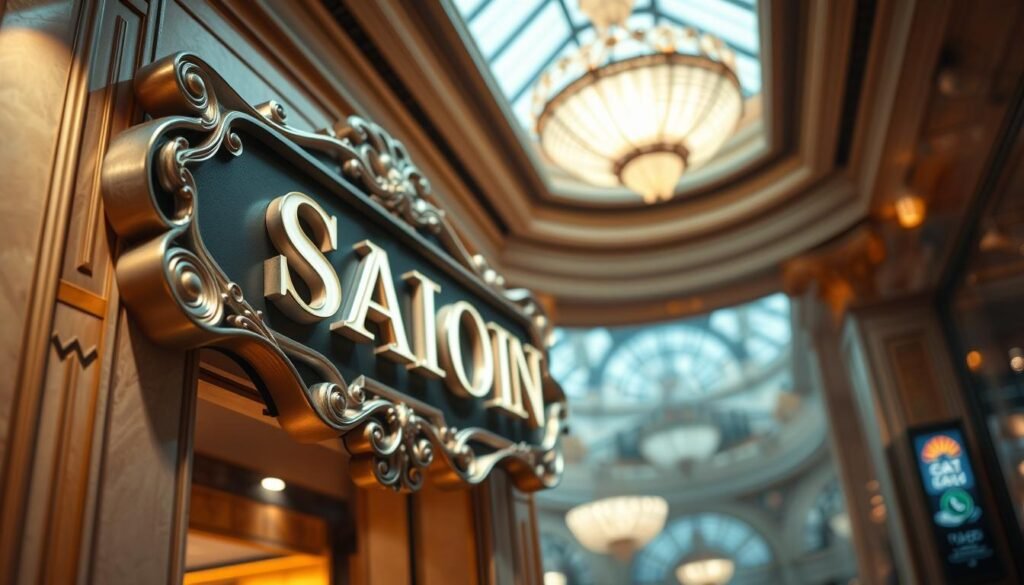 Generate an image of a luxurious indoor advertising signage made from high-quality materials. Generate an image of a luxurious indoor advertising signage made from high-quality materials.