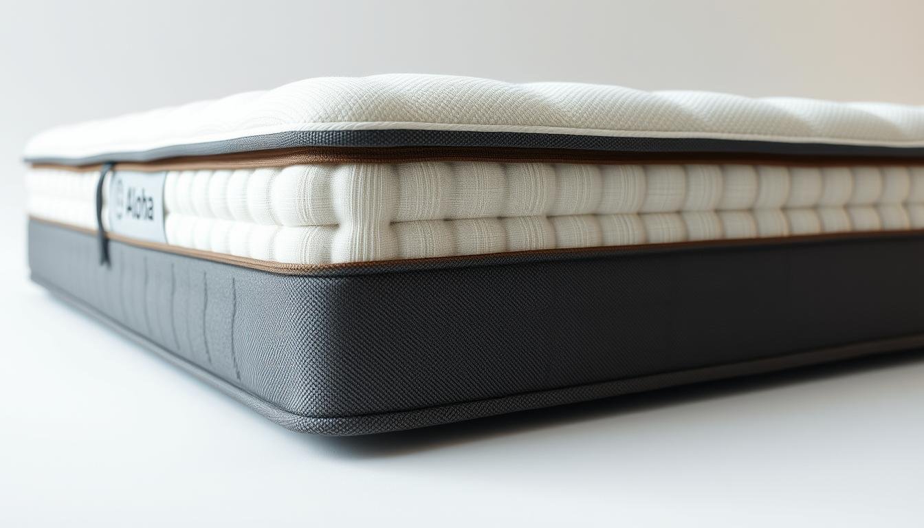 High-quality close-up photograph of a Aloha brand independent pocket spring mattress, showing the individual coils and fabric covering in detail. The mattress is positioned against a plain white background, well-lit from the side to highlight the textures and layers. The image should convey a sense of quality, comfort, and the advanced construction of the independent pocket spring design.