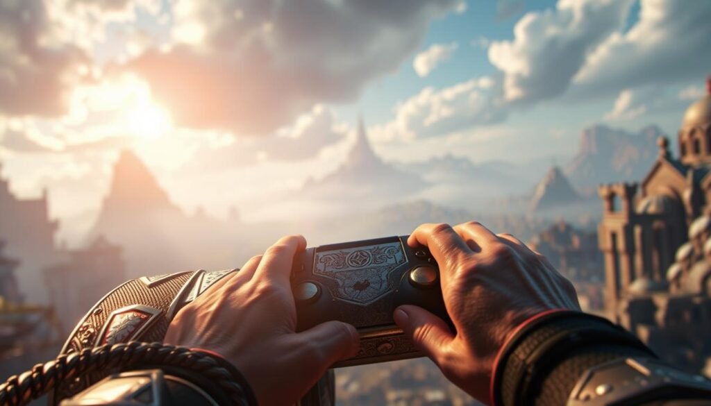 A captivating illustration of the "Thor's Hammer" video game controls, showcased against a dynamic backdrop. The foreground depicts the hammer's intricate details, its metallic surface gleaming under a warm, focused light. The middle ground features a player's hands skillfully navigating the game's interface, creating a sense of immersion. The background presents a surreal, ethereal landscape, hinting at the mythical realm of Asgard. The overall composition evokes a sense of power, precision, and the mystical essence of the "UTown" gaming experience.