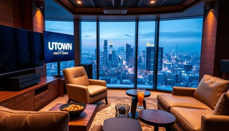 A cozy, modern gaming lounge with sleek furniture and a large flatscreen TV displaying the UTown logo. Warm lighting creates a relaxed atmosphere, while a stack of gaming consoles and a bowl of snacks on a wooden coffee table suggest an inviting space to enjoy the first deposit bonus. The middle ground features a plush armchair and a side table with a glass of iced beverage, hinting at the comfort and leisure that the first deposit offer can provide. In the background, floor-to-ceiling windows offer a glimpse of a bustling cityscape, symbolizing the excitement and opportunity that awaits new players taking advantage of UTown's generous first deposit promotion.