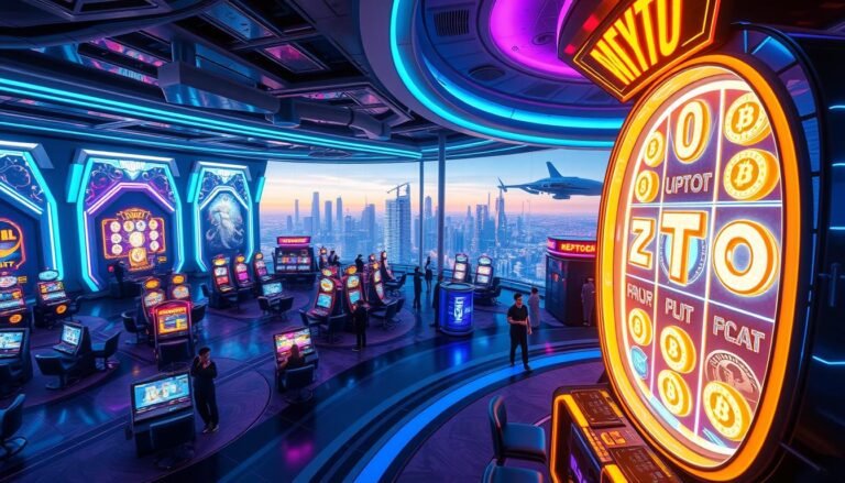A futuristic and immersive crypto-themed casino, the "UTown Entertainment City" features a sleek, neon-lit interior with holographic displays, floating platforms, and a striking color palette of blues, purples, and silvers. In the foreground, a larger-than-life crypto-themed slot machine dominates the scene, its reels spinning hypnotically. In the middle ground, the casino floor is bustling with players engaging with various interactive gaming stations and virtual reality experiences. The background showcases a panoramic cityscape, with skyscrapers and hovercraft in the distance, creating a sense of technological advancement and prosperity. The overall atmosphere is one of excitement, innovation, and a glimpse into the future of gambling and entertainment.