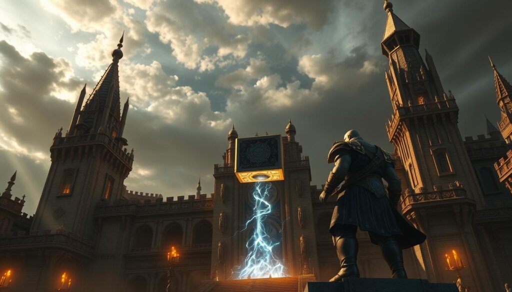 A grand, majestic stone citadel with towering spires and ornate architecture, set against a dramatic sky filled with swirling storm clouds. At the center stands a magnificent hammer, its head shimmering with crackling energy, wielded by a powerful, heroic figure in regal UTown armor. The foreground is bathed in warm, golden light, while the background is shrouded in deep, ominous shadows, creating a sense of awe and wonder. The entire scene exudes a sense of might, grandeur, and the awesome power of the Thor's Hammer game.