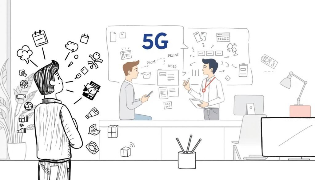 A hand-drawn illustration depicting the common problems and solutions encountered during the transition to a 5G plan. The foreground showcases a user facing issues with connectivity, device compatibility, and billing, represented by icons and sketches. The middle ground features Telecombrother's technical team brainstorming solutions, with notes and diagrams. The background sets a calm, pastel-toned office environment, hinting at the customer support and problem-solving processes. The overall mood is one of problem-solving, with a focus on the user experience and Telecombrother's role in guiding customers through the 5G plan transition. A hand-drawn illustration depicting the common problems and solutions encountered during the transition to a 5G plan. The foreground showcases a user facing issues with connectivity, device compatibility, and billing, represented by icons and sketches. The middle ground features Telecombrother's technical team brainstorming solutions, with notes and diagrams. The background sets a calm, pastel-toned office environment, hinting at the customer support and problem-solving processes. The overall mood is one of problem-solving, with a focus on the user experience and Telecombrother's role in guiding customers through the 5G plan transition.