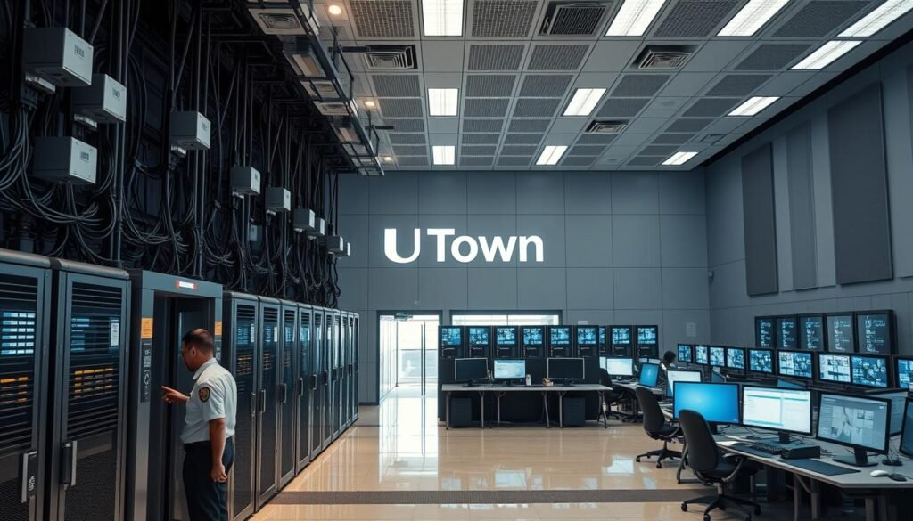 A high-security facility with advanced surveillance systems and digital security protocols. The entrance is guarded by uniformed personnel and metal detectors. In the middle ground, rows of computer terminals and monitors display data streams and security footage. The background features the UTown logo, subtly integrated into the architectural design. The overall atmosphere conveys a sense of diligence, professionalism, and a commitment to safeguarding both digital and physical assets.