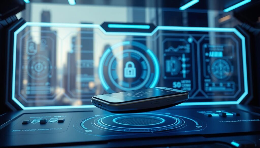 A high-tech UTown security interface, showcasing the advanced safety measures for mobile devices. The sleek and minimalist design features a centralized control panel with various toggles, meters, and holographic projections. Soft blue lighting illuminates the scene, creating a futuristic atmosphere. In the foreground, a detailed 3D model of a mobile device rotates, highlighting its secure features. The background blurs into a cityscape of towering skyscrapers, suggesting the system's comprehensive protection. The overall composition conveys a sense of technological sophistication and unwavering security for personal data and financial transactions. A high-tech UTown security interface, showcasing the advanced safety measures for mobile devices. The sleek and minimalist design features a centralized control panel with various toggles, meters, and holographic projections. Soft blue lighting illuminates the scene, creating a futuristic atmosphere. In the foreground, a detailed 3D model of a mobile device rotates, highlighting its secure features. The background blurs into a cityscape of towering skyscrapers, suggesting the system's comprehensive protection. The overall composition conveys a sense of technological sophistication and unwavering security for personal data and financial transactions.