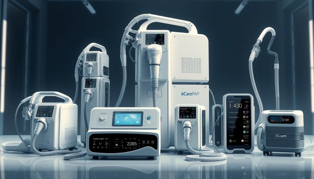 A highly detailed and technical illustration of various types of iCareCPAP sleep apnea machines. Showcase the intricate designs, advanced features, and diverse form factors of these state-of-the-art medical devices. Capture the devices from various angles, highlighting the sleek, modern aesthetic and cutting-edge medical technology. Depict the machines in a clinical, yet visually appealing setting, with subtle lighting and shadows to accentuate the products' sophisticated engineering. Ensure the final image conveys a sense of professionalism, innovation, and the ability to cater to a wide range of patient needs and preferences. A highly detailed and technical illustration of various types of iCareCPAP sleep apnea machines. Showcase the intricate designs, advanced features, and diverse form factors of these state-of-the-art medical devices. Capture the devices from various angles, highlighting the sleek, modern aesthetic and cutting-edge medical technology. Depict the machines in a clinical, yet visually appealing setting, with subtle lighting and shadows to accentuate the products' sophisticated engineering. Ensure the final image conveys a sense of professionalism, innovation, and the ability to cater to a wide range of patient needs and preferences.