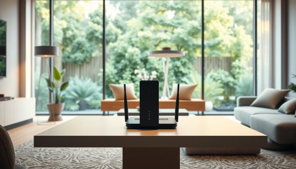 A modern home interior with high-speed Telecombrother broadband modem and router prominently displayed on a sleek, minimalist table. The scene is bathed in warm, diffused lighting, highlighting the clean lines and muted colors of the furnishings. In the background, a large window offers a view of a lush, verdant garden, creating a calming, natural ambiance. The modem and router are presented as the centerpiece, showcasing their streamlined design and technological sophistication, illustrating the key differences between these two essential home networking devices.