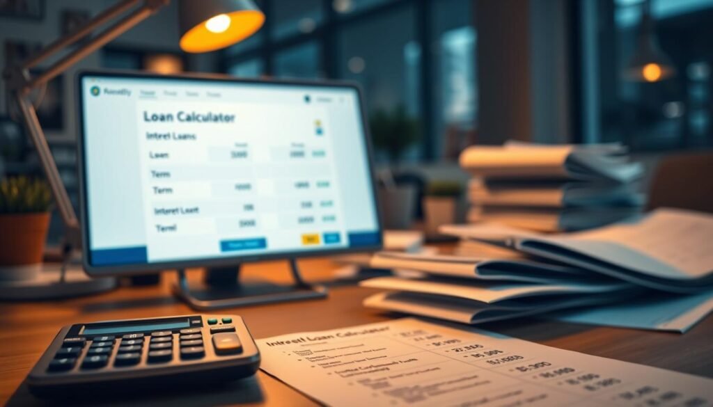 A modern office setting with a desk, computer, and financial documents scattered across the surface. Warm lighting from a desk lamp casts a soft glow, creating an atmosphere of focused productivity. In the foreground, a calculator and a sheet of paper display calculations related to interest rates and loan costs. The middle ground features a web page or mobile app interface showing a loan calculator tool, with sliders and input fields to adjust loan amount, term, and interest rate. The background blurs out, emphasizing the financial details in the immediate area. The overall mood is one of careful consideration and financial analysis, inviting the viewer to engage with the complexities of small-loan interest rate calculations.