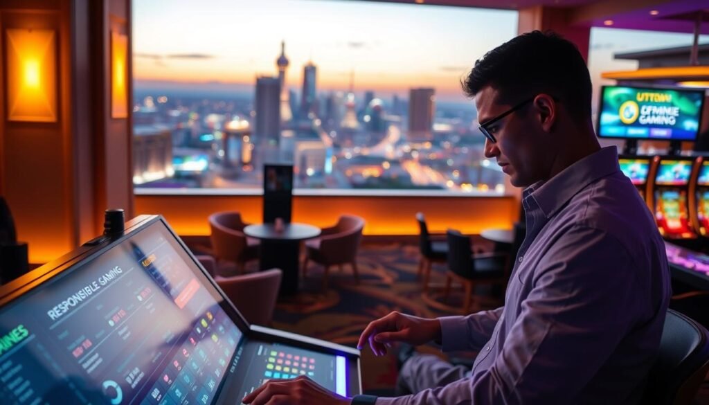 A serene and responsible gaming setting at the UTown entertainment complex. In the foreground, a person carefully reviews their betting options on a sleek, futuristic interface, mindful of their budget and risks. The middle ground features a stylish, well-lit gaming lounge with plush seating and discreet signage promoting responsible gambling practices. In the background, a panoramic view of the city skyline, conveying a sense of moderation and balance. Warm, diffused lighting creates a calm, contemplative atmosphere, encouraging thoughtful decision-making. The overall scene emphasizes the importance of responsible gaming and financial prudence. A serene and responsible gaming setting at the UTown entertainment complex. In the foreground, a person carefully reviews their betting options on a sleek, futuristic interface, mindful of their budget and risks. The middle ground features a stylish, well-lit gaming lounge with plush seating and discreet signage promoting responsible gambling practices. In the background, a panoramic view of the city skyline, conveying a sense of moderation and balance. Warm, diffused lighting creates a calm, contemplative atmosphere, encouraging thoughtful decision-making. The overall scene emphasizes the importance of responsible gaming and financial prudence.