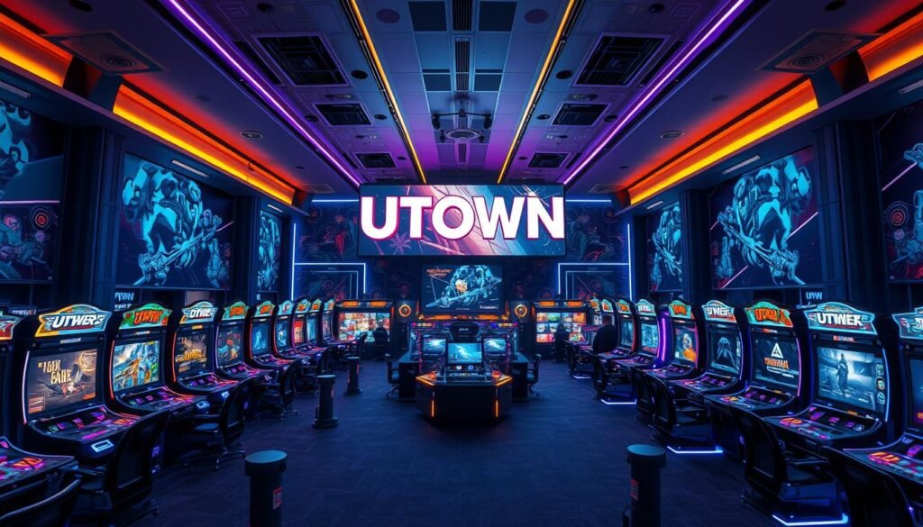 A sleek and modern gaming arcade called UTown, featuring a diverse selection of cutting-edge digital entertainment. The vast, well-lit interior boasts rows of state-of-the-art gaming stations, each offering a thrilling and immersive experience. Vibrant neon lights accent the space, creating a dynamic and energetic atmosphere. In the center, a large display showcases the latest game additions, enticing visitors to explore the ever-expanding library of thrilling titles. The overall scene conveys a sense of excitement and innovation, inviting players to lose themselves in the digital world of UTown's ever-evolving gaming universe. A sleek and modern gaming arcade called UTown, featuring a diverse selection of cutting-edge digital entertainment. The vast, well-lit interior boasts rows of state-of-the-art gaming stations, each offering a thrilling and immersive experience. Vibrant neon lights accent the space, creating a dynamic and energetic atmosphere. In the center, a large display showcases the latest game additions, enticing visitors to explore the ever-expanding library of thrilling titles. The overall scene conveys a sense of excitement and innovation, inviting players to lose themselves in the digital world of UTown's ever-evolving gaming universe.