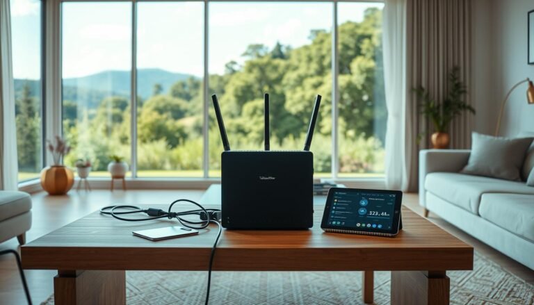 A sleek, modern home interior with a central focus on a Telecombrother broadband modem and router. The modem sits prominently on a minimalist wooden table, surrounded by neatly arranged cables and a tablet displaying internet connectivity data. In the background, a large window offers a scenic view of a lush, verdant landscape, bathing the scene in warm, natural lighting. The room is decorated with clean lines, neutral tones, and subtle accent pieces, creating a harmonious and tech-savvy atmosphere. The composition emphasizes the seamless integration of high-speed internet technology within a comfortable, stylish living environment.