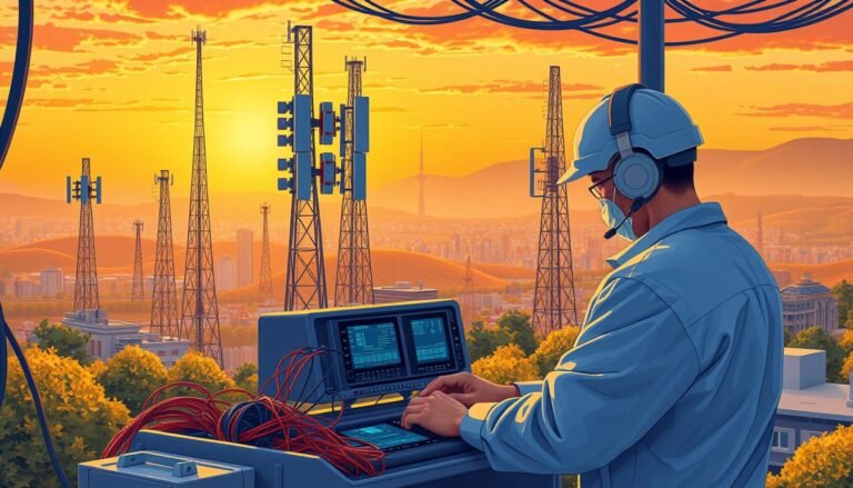A vibrant, detailed illustration showcasing the 5G plan transition process. In the foreground, a Telecombrother technician meticulously configures a 5G network equipment setup, with wires, cables, and screens displaying technical data. The midground depicts a cityscape with towering 5G cellular towers, their sleek designs blending seamlessly with the modern architecture. In the background, a serene natural landscape with rolling hills and a vibrant sunset sky creates a sense of harmony and progress. The scene is bathed in warm, golden light, conveying a sense of innovation and technological advancement. The overall composition captures the complexity, precision, and transformative nature of the 5G plan transition.
