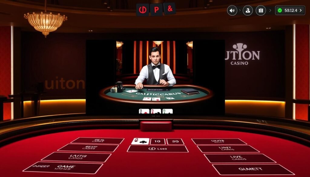 A well-lit, high-resolution interactive interface for the UTown live casino game of Baccarat. The foreground displays the game board with clearly labeled sections for placing bets, dealing cards, and tracking the game's progress. The middle ground showcases the live video feed of the dealer, with a professional camera angle and warm lighting that conveys an atmosphere of sophistication. The background subtly depicts the UTown branding, with muted tones that complement the overall elegant design. The interface should have a clean, intuitive layout that allows for smooth navigation and an immersive gaming experience. A well-lit, high-resolution interactive interface for the UTown live casino game of Baccarat. The foreground displays the game board with clearly labeled sections for placing bets, dealing cards, and tracking the game's progress. The middle ground showcases the live video feed of the dealer, with a professional camera angle and warm lighting that conveys an atmosphere of sophistication. The background subtly depicts the UTown branding, with muted tones that complement the overall elegant design. The interface should have a clean, intuitive layout that allows for smooth navigation and an immersive gaming experience.
