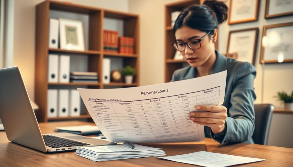 A well-lit office interior with a wooden desk, a laptop, and a stack of financial documents. In the foreground, a person in business attire is carefully reviewing a repayment schedule for a personal loan, their expression focused and thoughtful. The background features shelves of books and framed certificates, conveying a sense of professionalism and expertise. Warm, indirect lighting creates a calm, contemplative atmosphere, while the composition emphasizes the importance of strategic planning and attention to detail when managing small-scale personal loans.