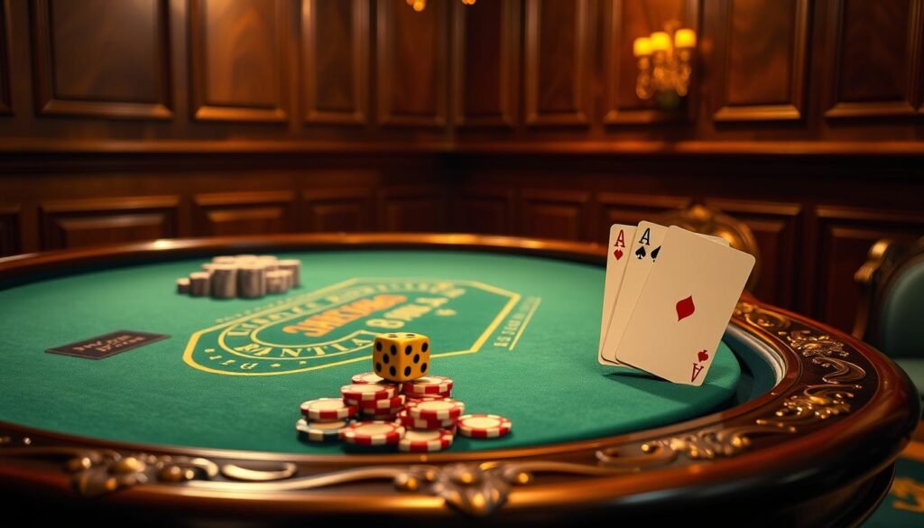 A lavishly detailed and ornate table, its surface adorned with a vibrant green felt, set against a backdrop of richly paneled wood walls. Atop the table, a selection of classic casino chips in various denominations are neatly arranged, while a pair of elegant dice and a traditional baccarat banker and player cards are prominently displayed. The scene is bathed in a warm, golden light, creating a sense of sophistication and exclusivity. The overall atmosphere evokes the timeless elegance of a high-end casino, perfectly capturing the essence of the baccarat gameplay.