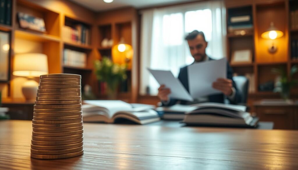A serene and tranquil scene depicting the concept of "民間貸款". In the foreground, a stack of gold coins sits atop a wooden table, symbolizing the financial aspect of this type of lending. In the middle ground, a person in a suit is carefully reviewing documents, representing the process of understanding and applying for a private loan. The background features a warm, softly lit office setting, with bookshelves and elegant decor, conveying a sense of professionalism and trust. The lighting is natural, casting a gentle glow over the scene, creating an atmosphere of reliability and security. The overall composition aims to visually communicate the basic concept of "民間貸款" in a clear and meaningful way.
