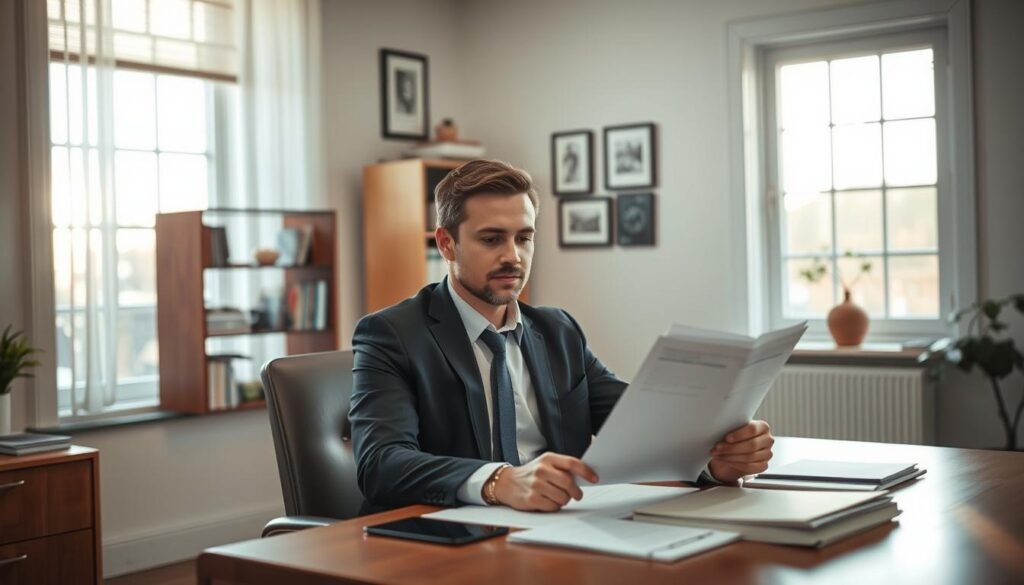 A serene office setting with a businessman sitting at a wooden desk, reviewing documents and papers related to the private lending process. The room is well-lit, with soft natural light streaming through large windows, casting a warm glow over the scene. In the background, a bookshelf and wall decor create a professional, yet inviting atmosphere. The man's expression is focused, conveying the importance and care he takes in navigating the private loan application workflow. The overall mood is one of diligence, attention to detail, and a commitment to providing a smooth and efficient lending experience.