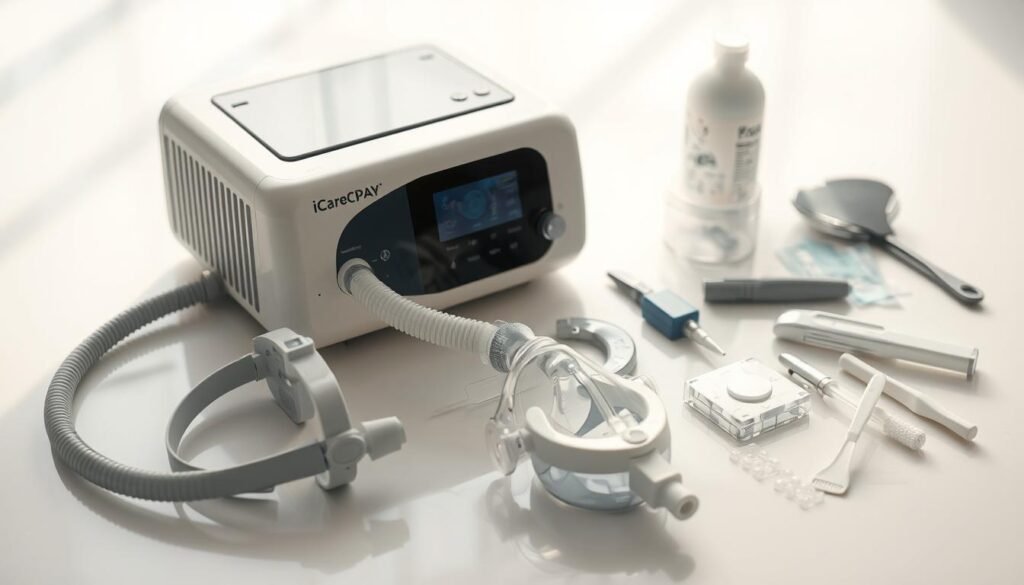 A well-lit, close-up view of an iCareCPAP sleep apnea machine undergoing a thorough cleaning process. The machine sits on a clean, white surface, with various cleaning tools and supplies arranged neatly around it. The device's components, such as the mask, tubing, and water chamber, are disassembled and laid out, ready to be scrubbed and sanitized. Bright, natural lighting illuminates the scene, highlighting the intricate details of the machine and the care being taken to maintain it. The overall atmosphere conveys the importance of proper cleaning and maintenance to ensure the device's optimal performance and the user's continued health and well-being. A well-lit, close-up view of an iCareCPAP sleep apnea machine undergoing a thorough cleaning process. The machine sits on a clean, white surface, with various cleaning tools and supplies arranged neatly around it. The device's components, such as the mask, tubing, and water chamber, are disassembled and laid out, ready to be scrubbed and sanitized. Bright, natural lighting illuminates the scene, highlighting the intricate details of the machine and the care being taken to maintain it. The overall atmosphere conveys the importance of proper cleaning and maintenance to ensure the device's optimal performance and the user's continued health and well-being.