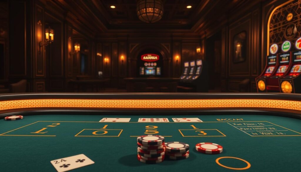 a highly detailed, hyper-realistic illustration of the rules of baccarat, also known as &quot;百家樂規則&quot;, set against a dimly lit casino interior with warm, ambient lighting. The foreground features a baccarat table with precise renderings of the felt layout, playing cards, and casino chips. The middle ground showcases the key baccarat rules and gameplay mechanics, depicted through intuitive visual metaphors and iconography. The background is a moody, atmospheric scene of a classic casino environment, complete with ornate architectural details, shadowy corners, and the faint glow of slot machines. The overall mood is one of sophistication, strategy, and the allure of high-stakes gaming.
