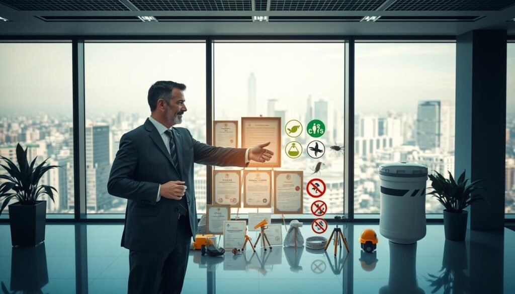 A modern, clean-lined office interior with large windows and bright, diffused lighting. In the foreground, two businessmen in suits shake hands, representing the collaboration between a pest control company ("iCareCPAP") and a fumigation company. The middle ground features a display of regulatory certificates, safety gear, and environmental protection symbols, conveying the focus on compliance and safety protocols. The background showcases a cityscape through the windows, hinting at the wider context of urban pest management services. The overall atmosphere is professional, authoritative, and reassuring, reflecting the diligence and expertise of the featured companies. A modern, clean-lined office interior with large windows and bright, diffused lighting. In the foreground, two businessmen in suits shake hands, representing the collaboration between a pest control company ("iCareCPAP") and a fumigation company. The middle ground features a display of regulatory certificates, safety gear, and environmental protection symbols, conveying the focus on compliance and safety protocols. The background showcases a cityscape through the windows, hinting at the wider context of urban pest management services. The overall atmosphere is professional, authoritative, and reassuring, reflecting the diligence and expertise of the featured companies.