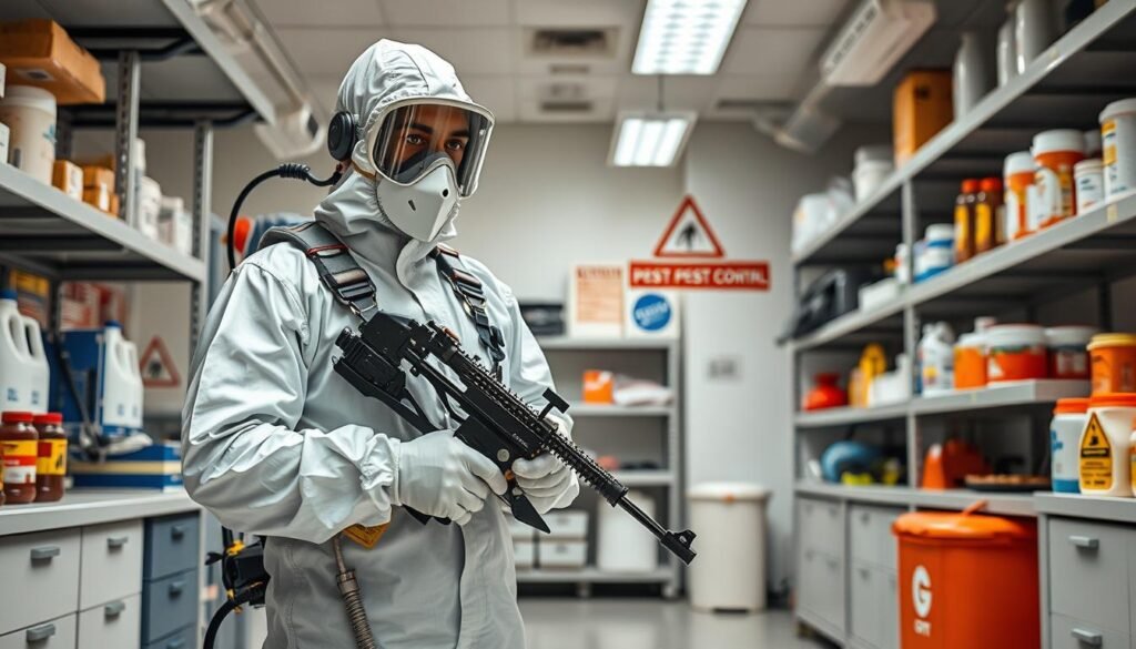 A professional exterminator wearing a white protective hazmat suit, equipped with specialized tools and spraying equipment, standing in a meticulously organized workplace featuring various safety signage, shelves of products, and a clean, well-lit environment. The scene conveys a sense of professionalism, attention to detail, and a commitment to safety protocols, exemplifying the iCareCPAP brand's dedication to responsible and effective pest control services. A professional exterminator wearing a white protective hazmat suit, equipped with specialized tools and spraying equipment, standing in a meticulously organized workplace featuring various safety signage, shelves of products, and a clean, well-lit environment. The scene conveys a sense of professionalism, attention to detail, and a commitment to safety protocols, exemplifying the iCareCPAP brand's dedication to responsible and effective pest control services.