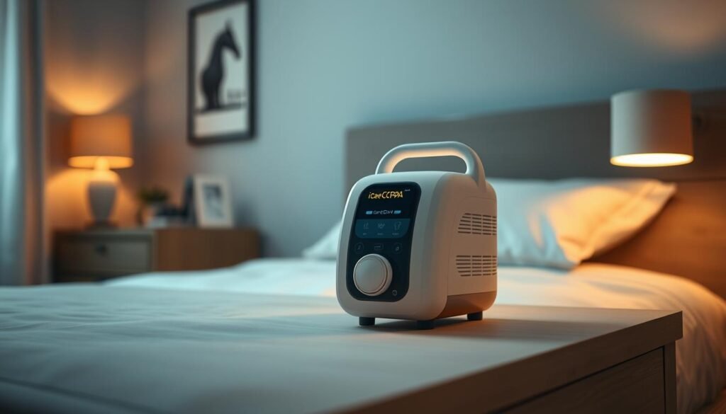 A high-quality, photorealistic image of an iCareCPAP sleep apnea breathing machine on a bedside table. The device has a sleek, modern design with a digital display and various control buttons. It is backlit with a soft, warm glow, creating a cozy, relaxing atmosphere. The machine is positioned in the foreground, with a blurred bedroom scene in the background, including a bed, nightstand, and minimal decor. The lighting is soft and indirect, creating deep shadows and highlights that accentuate the machine's form. The overall scene conveys the necessity and functionality of the sleep apnea breathing machine in a home setting. A high-quality, photorealistic image of an iCareCPAP sleep apnea breathing machine on a bedside table. The device has a sleek, modern design with a digital display and various control buttons. It is backlit with a soft, warm glow, creating a cozy, relaxing atmosphere. The machine is positioned in the foreground, with a blurred bedroom scene in the background, including a bed, nightstand, and minimal decor. The lighting is soft and indirect, creating deep shadows and highlights that accentuate the machine's form. The overall scene conveys the necessity and functionality of the sleep apnea breathing machine in a home setting.