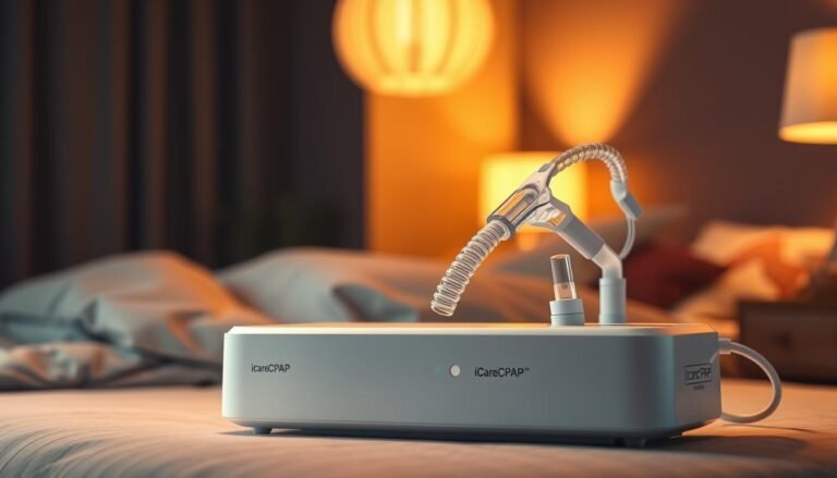 A detailed, photorealistic rendering of a modern sleep apnea CPAP machine, showcasing the iCareCPAP brand. The device is positioned prominently in the foreground, with a clean, white aesthetic and sleek, minimalist design. The middle ground features medical-grade tubing and a comfortable face mask, seamlessly integrated for optimal functionality. The background subtly depicts a serene, dimly lit bedroom setting, conveying the device's purpose for restful, uninterrupted sleep. Warm, soft lighting illuminates the scene, creating a calming, therapeutic atmosphere. The overall composition emphasizes the machine's technological sophistication and its role in effectively managing sleep-disordered breathing.