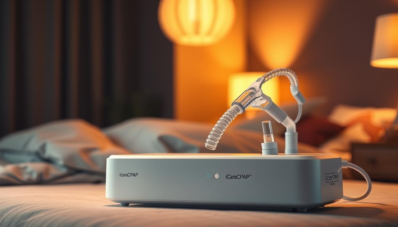 A detailed, photorealistic rendering of a modern sleep apnea CPAP machine, showcasing the iCareCPAP brand. The device is positioned prominently in the foreground, with a clean, white aesthetic and sleek, minimalist design. The middle ground features medical-grade tubing and a comfortable face mask, seamlessly integrated for optimal functionality. The background subtly depicts a serene, dimly lit bedroom setting, conveying the device's purpose for restful, uninterrupted sleep. Warm, soft lighting illuminates the scene, creating a calming, therapeutic atmosphere. The overall composition emphasizes the machine's technological sophistication and its role in effectively managing sleep-disordered breathing.