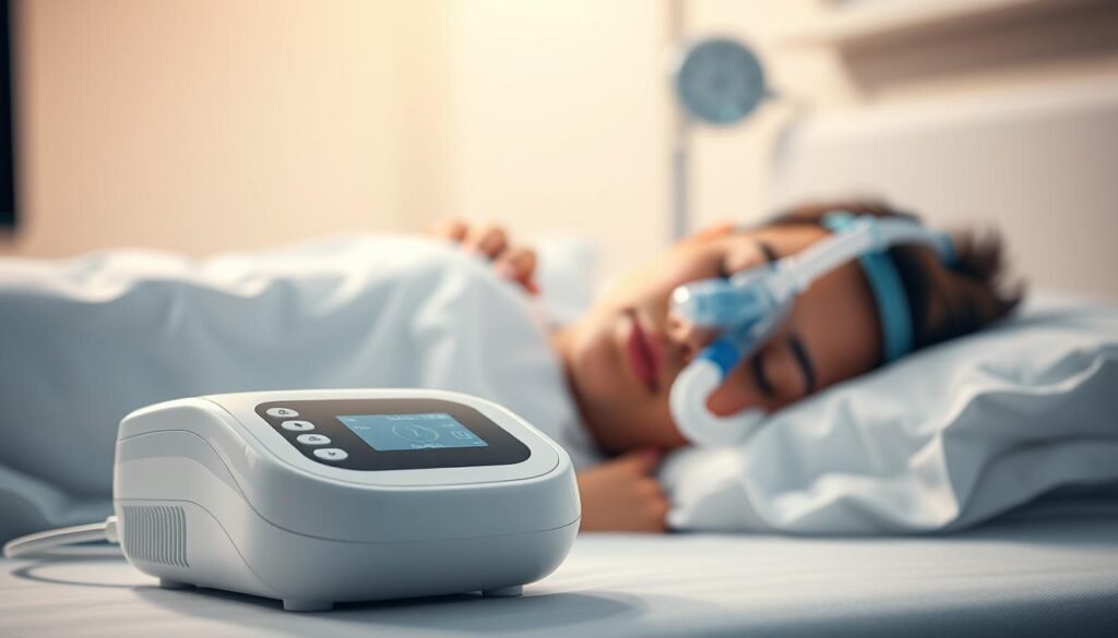 A high-quality, clinical-looking medical device with a sleek, modern design. It has a curved, white plastic housing with minimal buttons and an intuitive digital display. Soft, diffuse lighting illuminates the device, giving it a calming, therapeutic ambiance. The device is positioned in the foreground, while the middle ground features a sleeping person on a bed, their face partially obscured by an iCareCPAP nasal mask. The background has a neutral, blurred medical setting, conveying a sense of professionalism and medical expertise. The overall mood is one of comfort, safety, and effective sleep apnea treatment. A high-quality, clinical-looking medical device with a sleek, modern design. It has a curved, white plastic housing with minimal buttons and an intuitive digital display. Soft, diffuse lighting illuminates the device, giving it a calming, therapeutic ambiance. The device is positioned in the foreground, while the middle ground features a sleeping person on a bed, their face partially obscured by an iCareCPAP nasal mask. The background has a neutral, blurred medical setting, conveying a sense of professionalism and medical expertise. The overall mood is one of comfort, safety, and effective sleep apnea treatment.