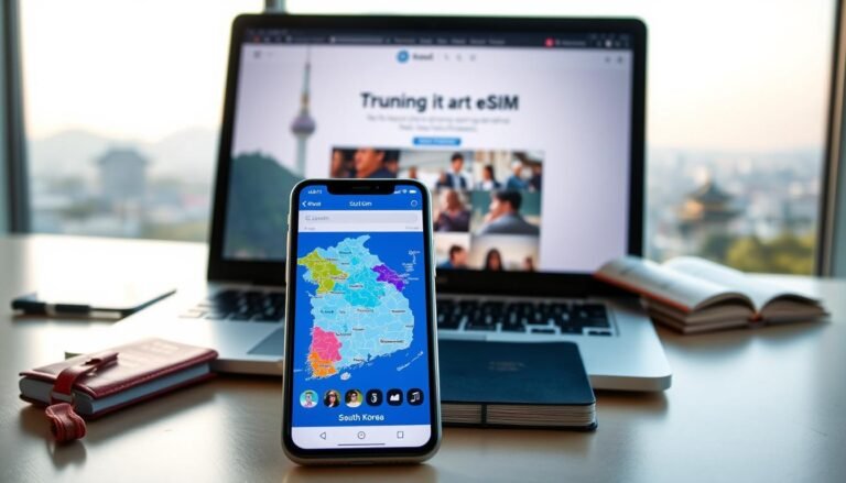 A modern digital workspace showcasing the benefits of OceanEsim services for travelers in South Korea. In the foreground, a sleek smartphone displaying the OceanEsim interface with a vibrant map of South Korea. The middle ground features a laptop open to a travel blog or website discussing eSIM options, alongside travel essentials like a passport and a travel guidebook. The background exhibits a blurred skyline of Seoul, with iconic landmarks like N Seoul Tower, bathed in soft morning light to evoke a sense of adventure and exploration. The overall mood is bright and engaging, emphasizing reliability and modernity in mobile connectivity for travelers. The image should be well-lit, showcasing a professional and inviting atmosphere, suitable for an informative article.